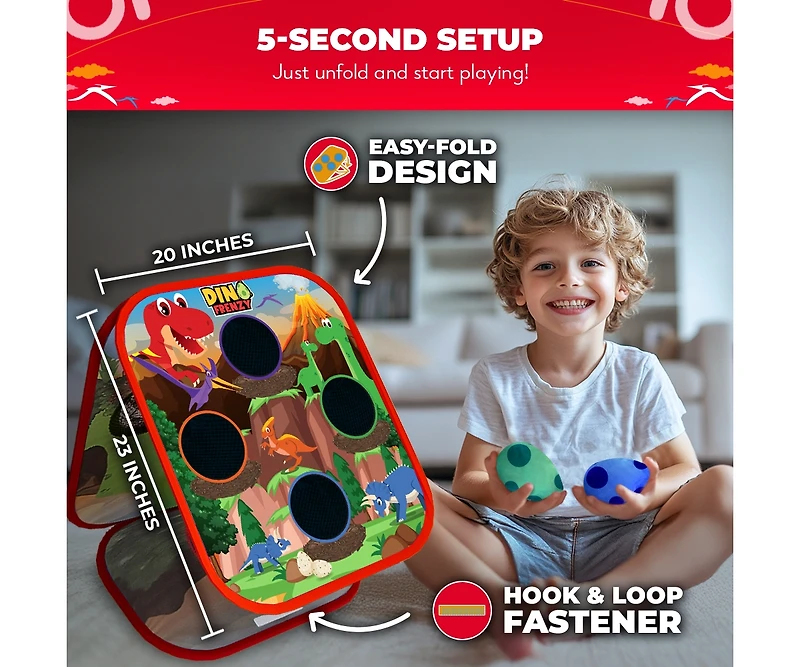 Dino Frenzy | 2-in-1 Corn Hole Games for Kids | 5-Second Setup | Bean Bag Toss Game for Kids | Kids Cornhole Game Set