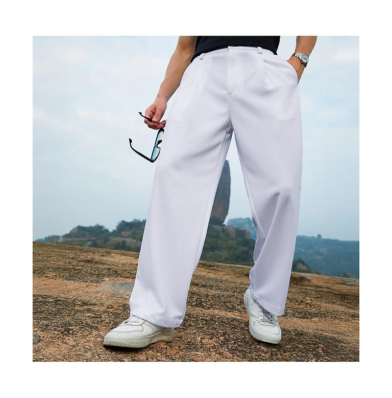 Campus Sutra Men's Cream White Straight-Fit Ribbed Trousers