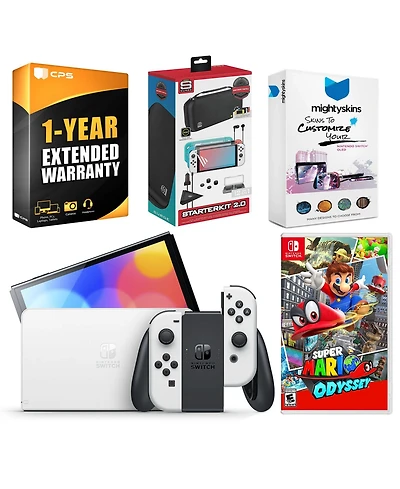 Nintendo Switch White Oled Console with Super Mario Odyssey, Surge Accessory Gaming Kit, MightySkins Console and Controller Skin Voucher