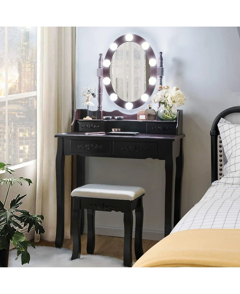 Makeup Dressing Table with Touch Switch Lighted Mirror and Cushioned Stool