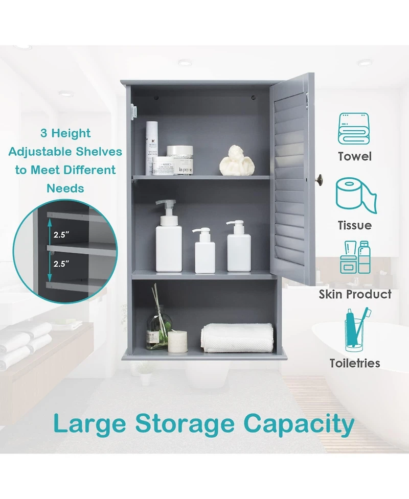 Bathroom Wall Mount Storage Cabinet Single Door with Height Adjustable Shelf