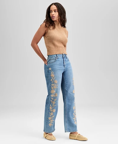 And Now This Women's Embroidered High Rise Straight-Leg Jeans, Exclusively at Macy's