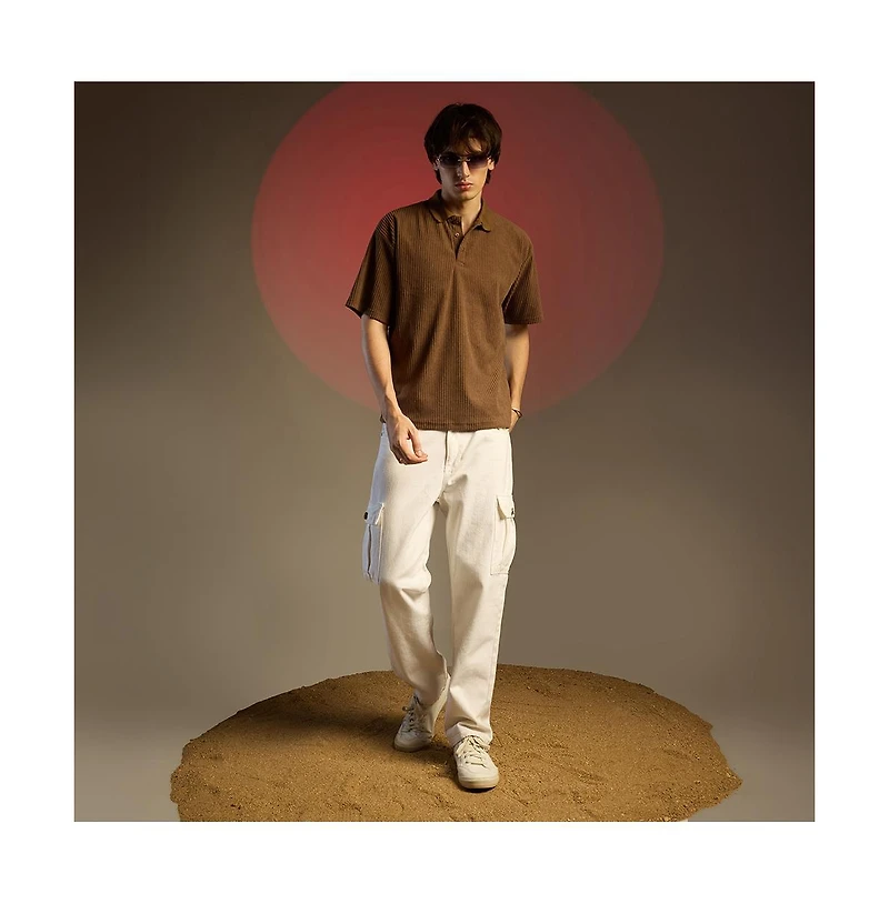 Campus Sutra Men's Chocolate Brown Ribbed Oversized Polo T-Shirt
