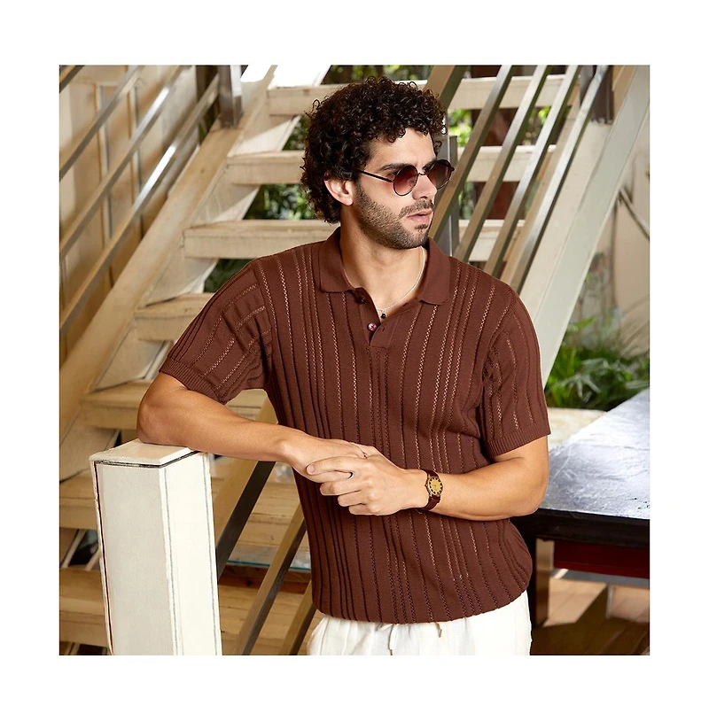 Campus Sutra Men's Chocolate Brown Stripe-Textured Polo T-Shirt