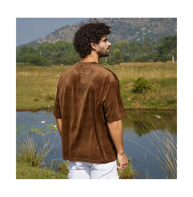 Campus Sutra Men's Chocolate Brown Tartan-Plaid Oversized T-Shirt
