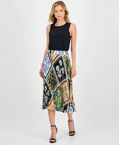 T Tahari Women's Printed Pull-On Pleated Midi Skirt