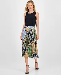 T Tahari Women's Printed Pull-On Pleated Midi Skirt