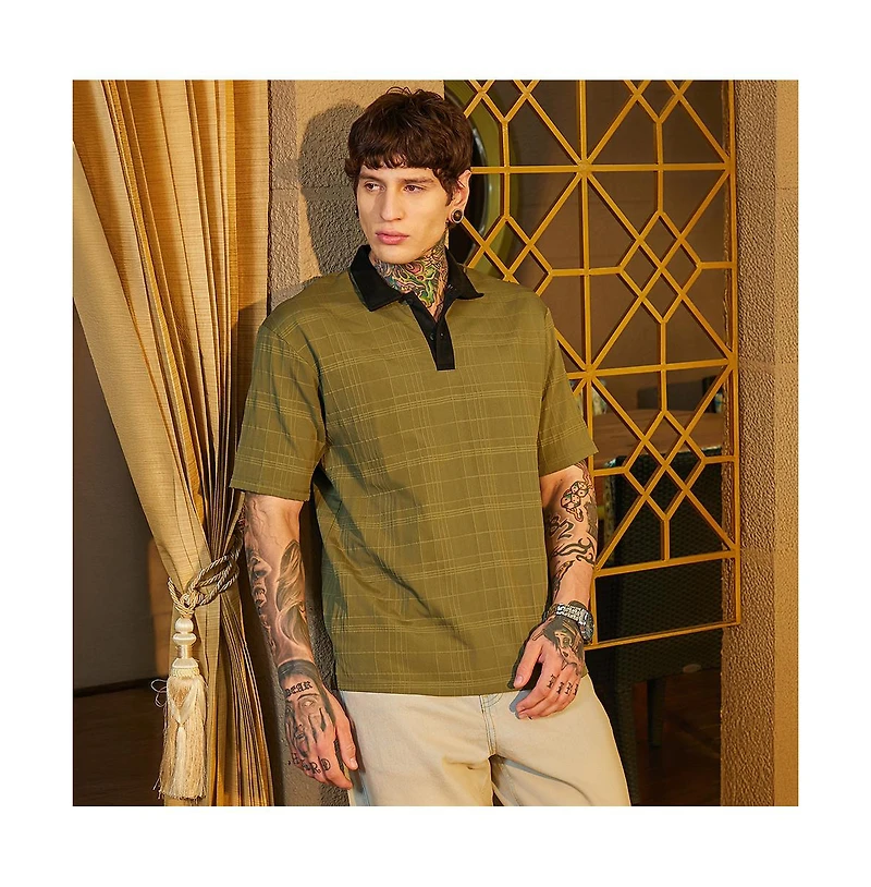 Campus Sutra Men's Olive Green & Onyx Black Contrast Grid Polo T-Shirt
