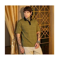 Campus Sutra Men's Olive Green & Onyx Black Contrast Grid Polo T-Shirt