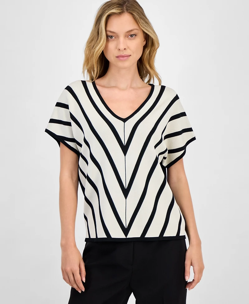 T Tahari Women's Mixed-Print Extended-Sleeve Mitered Top
