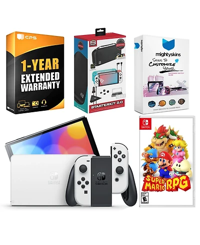 Nintendo Switch White Oled Console with Super Mario Rpg, Surge Accessory Gaming Kit, MightySkins Console and Controller Skin Voucher