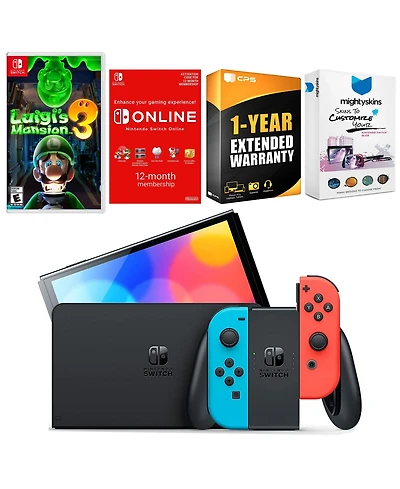 Nintendo Switch Neon Red & Blue Oled Console with Luigi s Mansion 3, Nso 12 Month Family Membership, MightySkins Console and Controller Skin Voucher