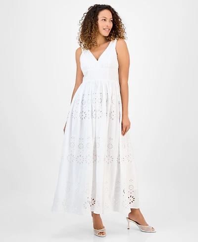 I.n.c. International Concepts Petite Cotton Eyelet V-Neck Maxi Dress, Exclusively at Macy's