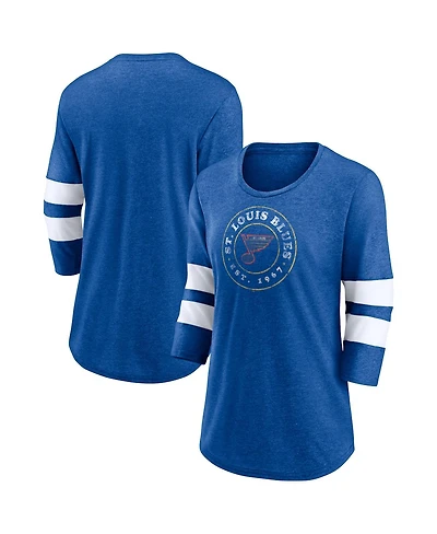 Fanatics Women's Heather Blue St. Louis Blues One Timer Tri-Blend Scoop Neck 3/4-Sleeve T-Shirt