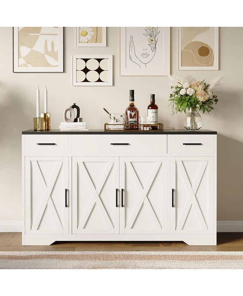 55"Modern Farmhouse Sideboard Cabinet with 4 Doors & Drawers, Rustic White Wood Coffee Bar Buffet with Adjustable Shelves, Kitchen Storage Cabine