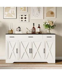 55"Modern Farmhouse Sideboard Cabinet with 4 Doors & Drawers, Rustic White Wood Coffee Bar Buffet with Adjustable Shelves, Kitchen Storage Cabine