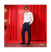 Campus Sutra Men's Prussian Blue Tailored Linen-Blend Trousers