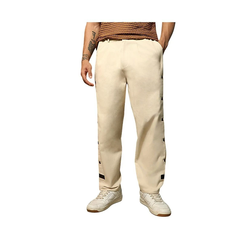 Campus Sutra Men's Off-White Side-Snap Straight Trousers