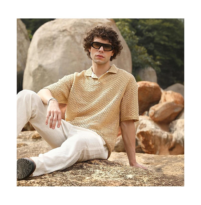 Campus Sutra Men's Buff Beige Lozenge Oversized Polo T-Shirt