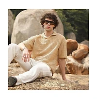 Campus Sutra Men's Buff Beige Lozenge Oversized Polo T-Shirt