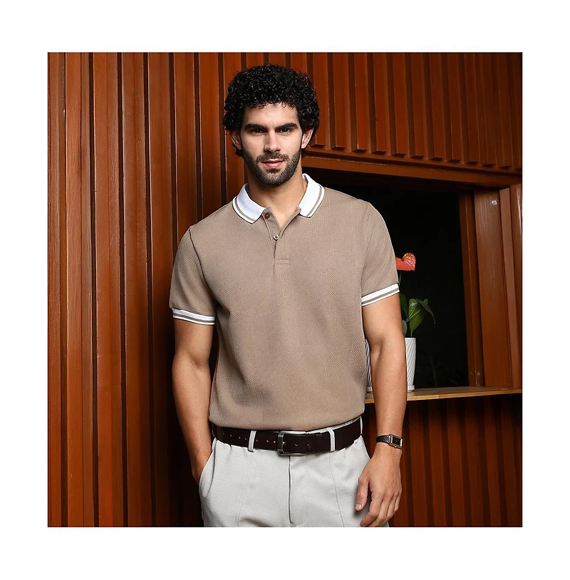 Campus Sutra Men's Sand Beige Cuboid-Stripe Polo T-Shirt