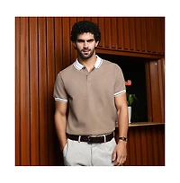 Campus Sutra Men's Sand Beige Cuboid-Stripe Polo T-Shirt