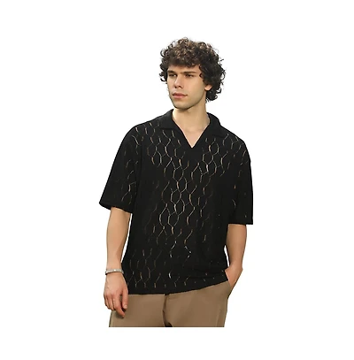 Campus Sutra Men's Onyx Black Honeycomb-Knit Polo T-Shirt
