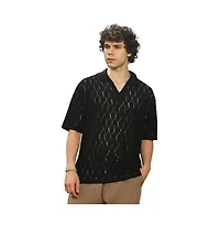 Campus Sutra Men's Onyx Black Honeycomb-Knit Polo T-Shirt