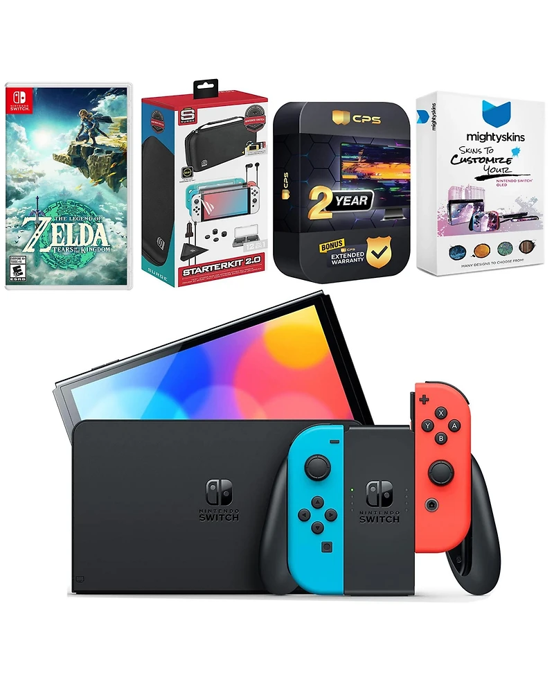 Nintendo Switch Neon Red & Blue Oled Console with the Legend of Zelda: Tears of the Kingdom, Surge Accessory Gaming Kit, MightySkins Console and Contr