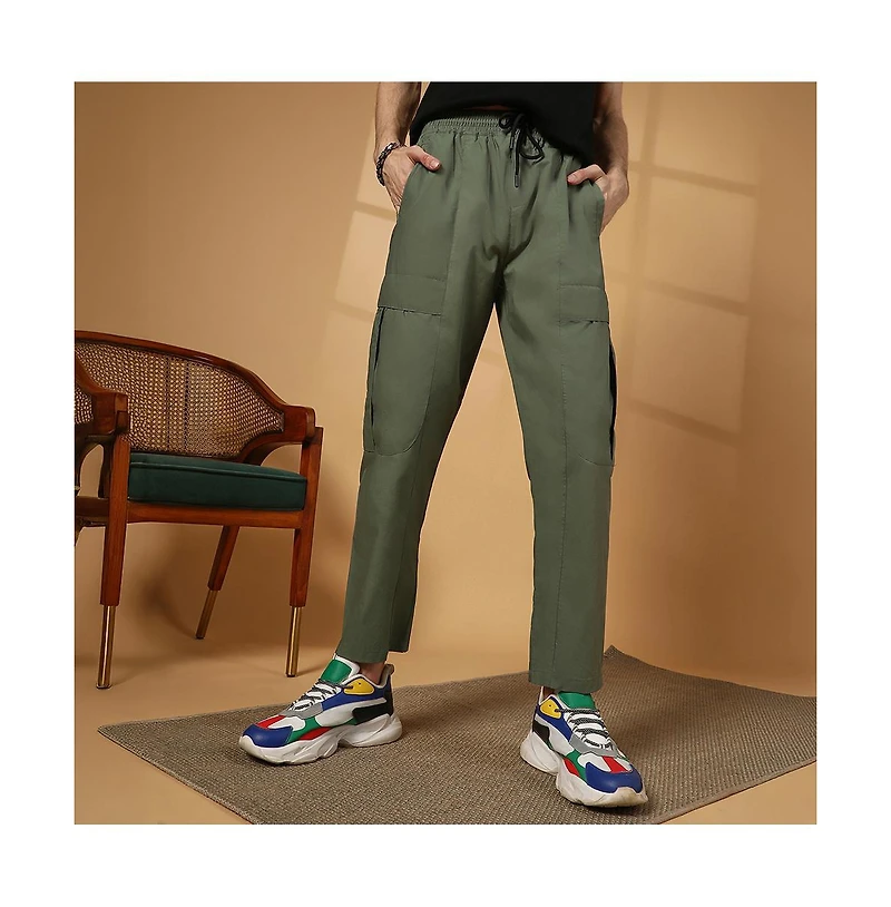 Campus Sutra Men's Olive Green Solid Utility Trousers
