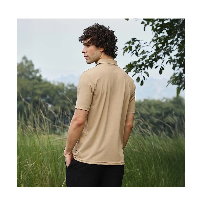 Campus Sutra Men's Buff Beige Solid Knit Polo T-Shirt