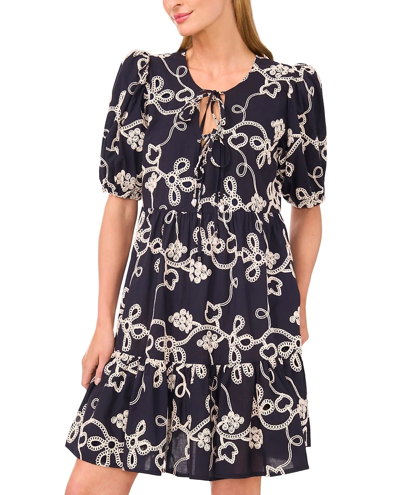 CeCe Women's Tie-Neck Embroidered Tiered Short-Sleeve Dress