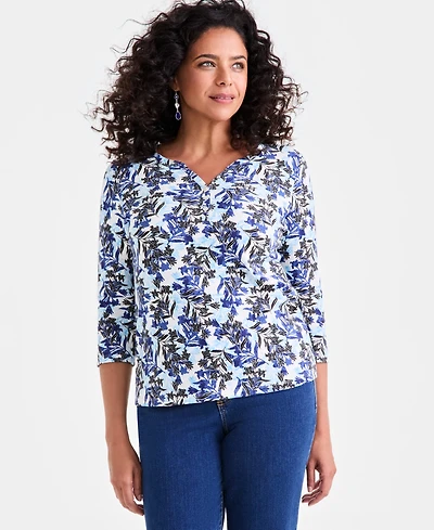 Style & Co Women's Printed 3/4-Sleeve Henley Knit Top, Exclusively at Macy's
