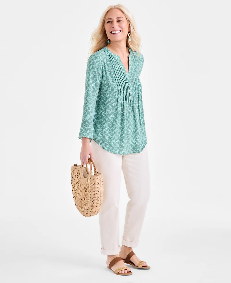 Style & Co Women's Printed Pintuck Ruffle Sleeve Top, Exclusively at Macy's