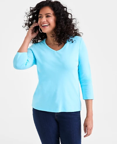 Style & Co Women's Cotton 3/4-Sleeve V-Neck Tee, Created for Macy's