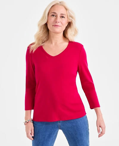 Style & Co Women's Cotton 3/4-Sleeve V-Neck Tee, Created for Macy's