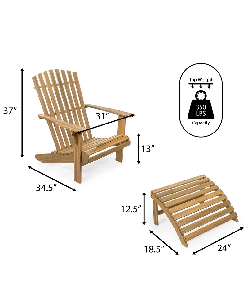 Saranac 2-Piece Traditional Rustic Acacia Wood Adirondack Chair with Detachable Ottoman, Cashmere Blue