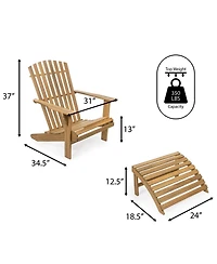 Saranac 2-Piece Traditional Rustic Acacia Wood Adirondack Chair with Detachable Ottoman, Cashmere Blue