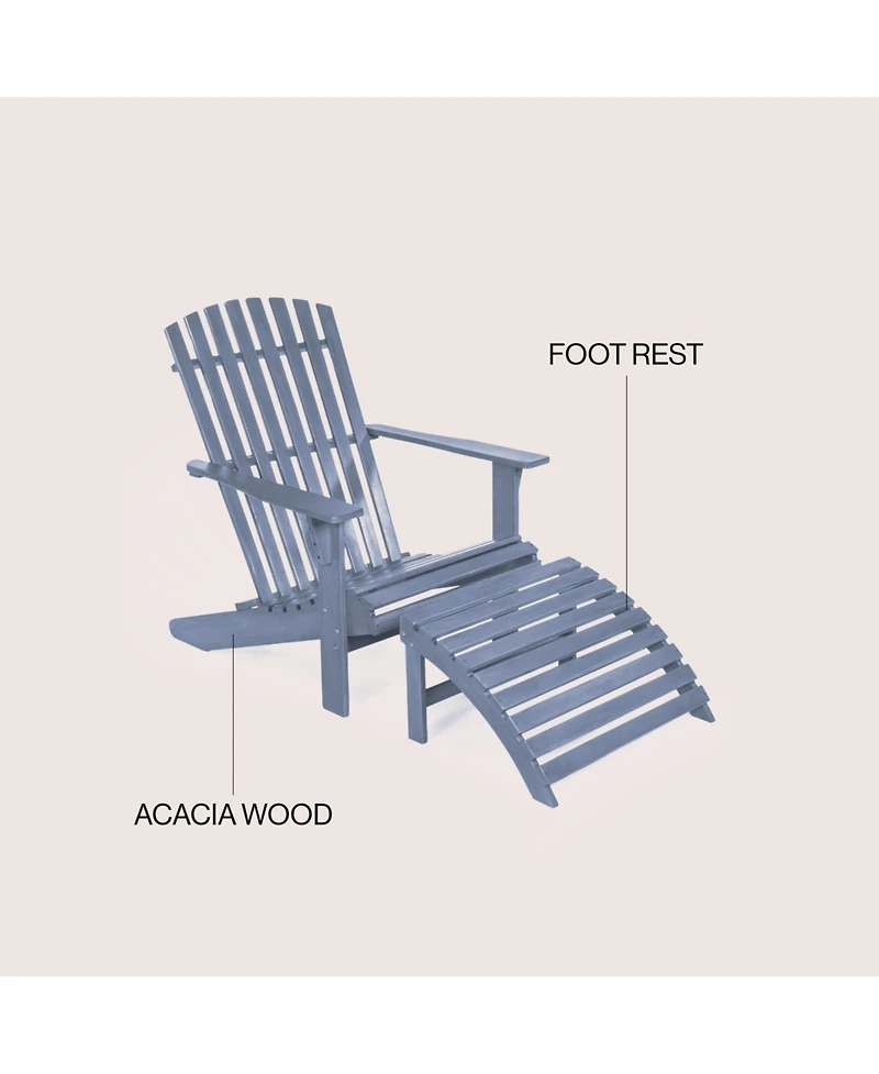 Saranac 2-Piece Traditional Rustic Acacia Wood Adirondack Chair with Detachable Ottoman, Cashmere Blue