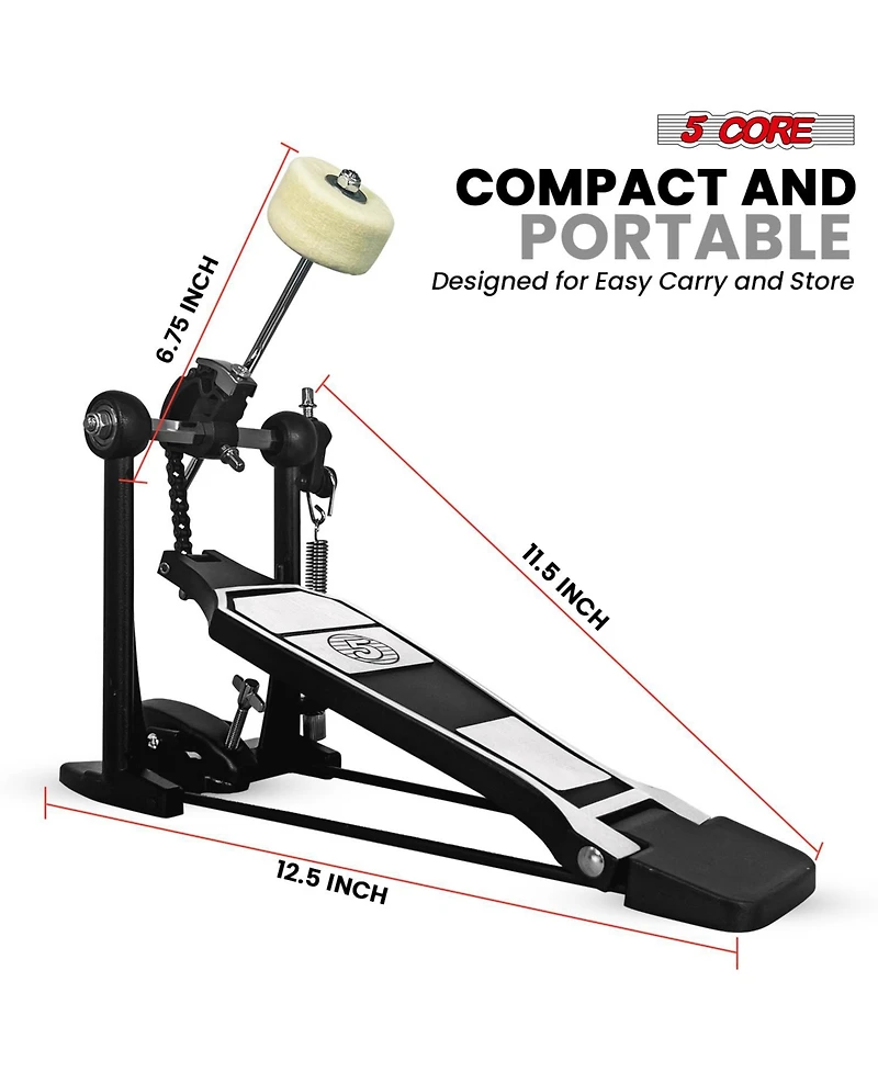 5 Core Bass Drum Pedal Mount Adjustable Felt Beater Head Single Chain Heavyduty Kick Drum Foot Pedal