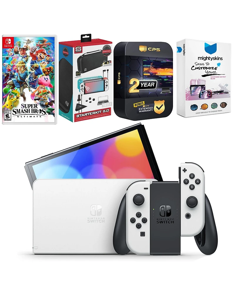 Nintendo Switch White Oled Console with Super Smash Bros. Ultimate, Surge Accessory Gaming Kit, MightySkins Console and Controller Skin Voucher, and 2