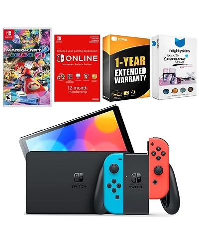 Nintendo Switch Neon Red & Blue Oled Console with Mario Kart 8 Deluxe, Nso 12 Month Family Membership