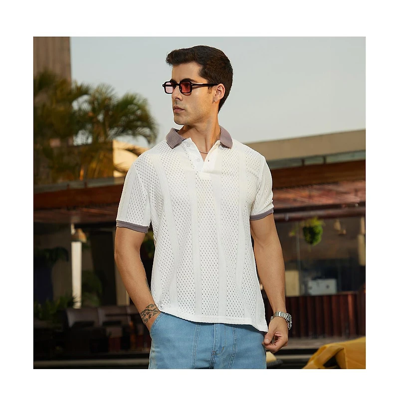 Campus Sutra Men's Chalk White & Pastel Purple Contrast Open-Knit Polo T-Shirt