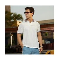 Campus Sutra Men's Chalk White & Pastel Purple Contrast Open-Knit Polo T-Shirt