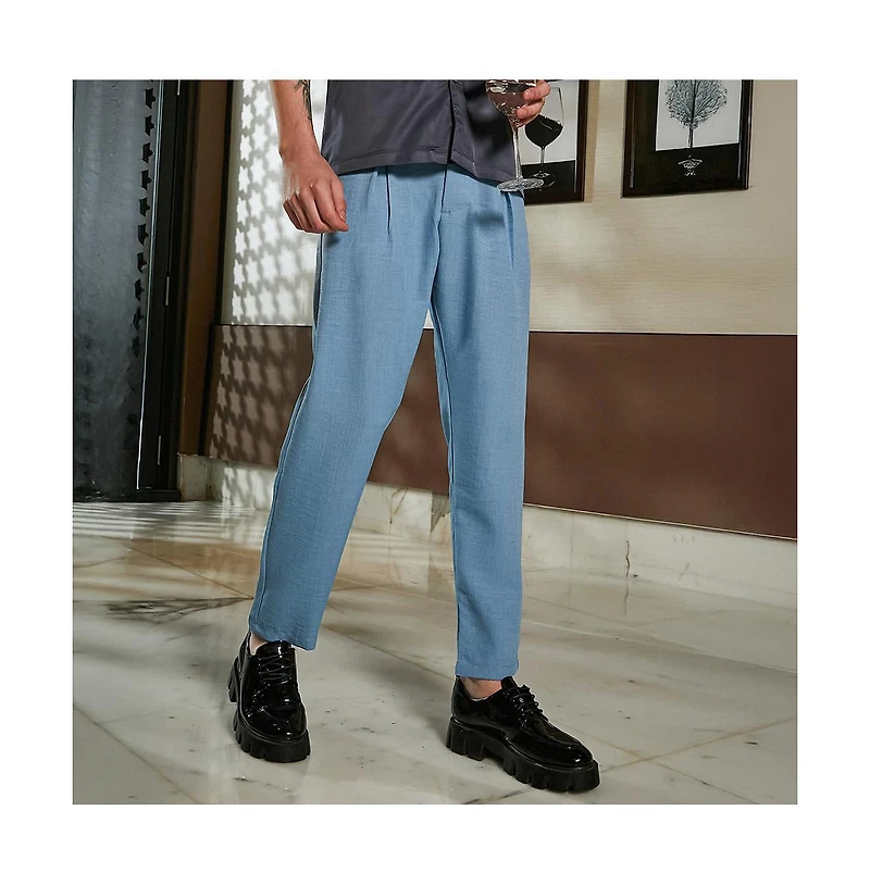 Campus Sutra Men's Sky Blue Pleated Tailored Trousers