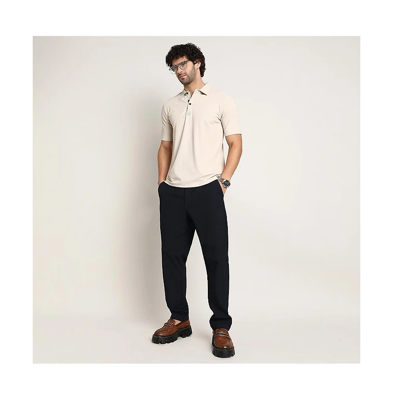 Campus Sutra Men's Saltbox Beige Seamless Ribbed Polo T-Shirt