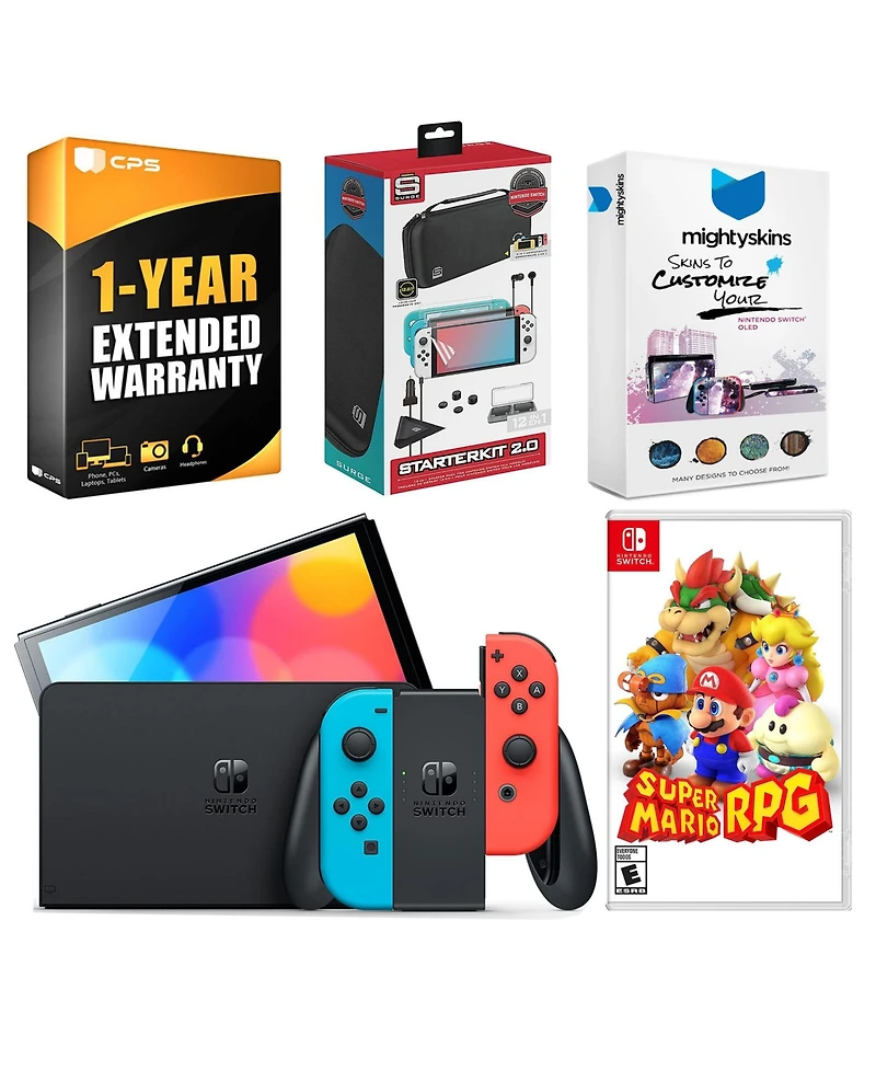 Nintendo Switch Neon Red & Blue Oled Console with Super Mario Rpg, Surge Accessory Gaming Kit, MightySkins Console and Controller Skin Voucher, and 1