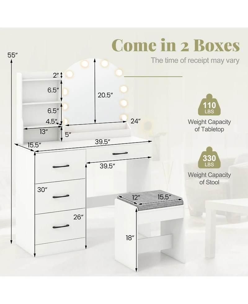 Makeup Vanity Desk Dressing Table and Stool Set with Mirror and Lights