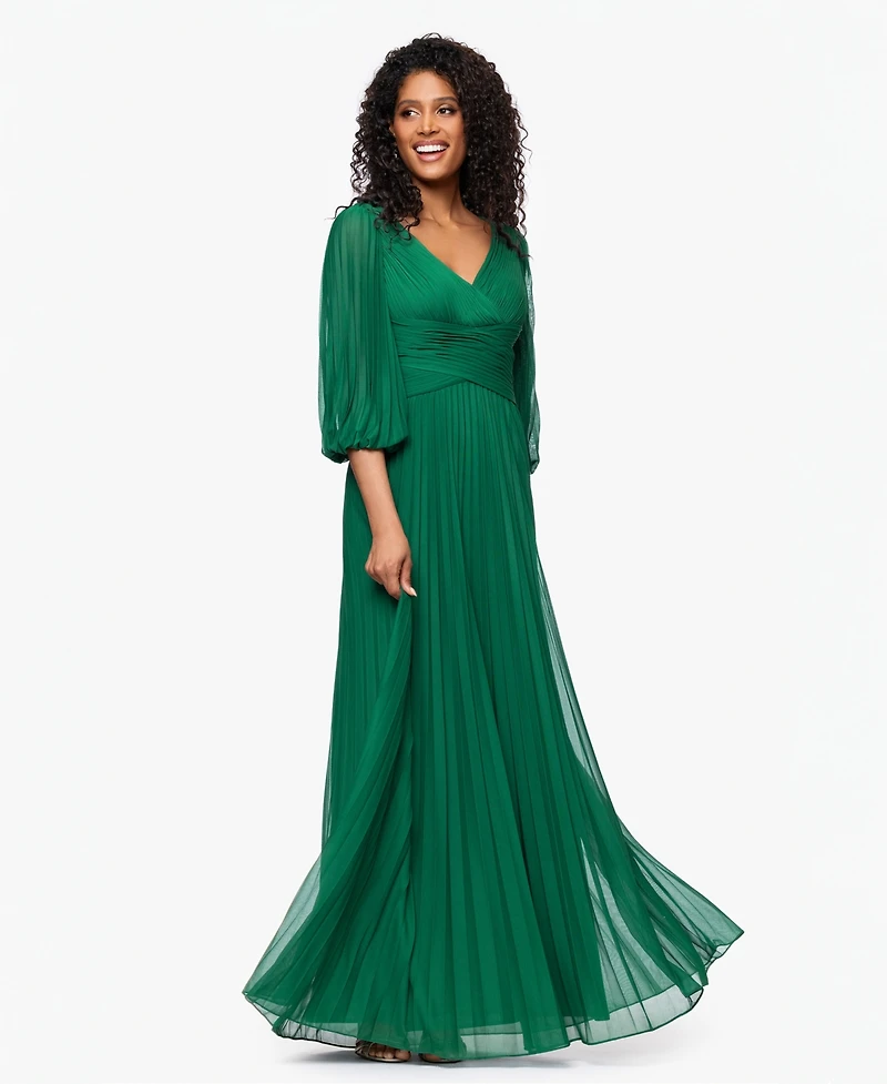 Betsy & Adam Women's Pleated Balloon-Sleeve Long Dress