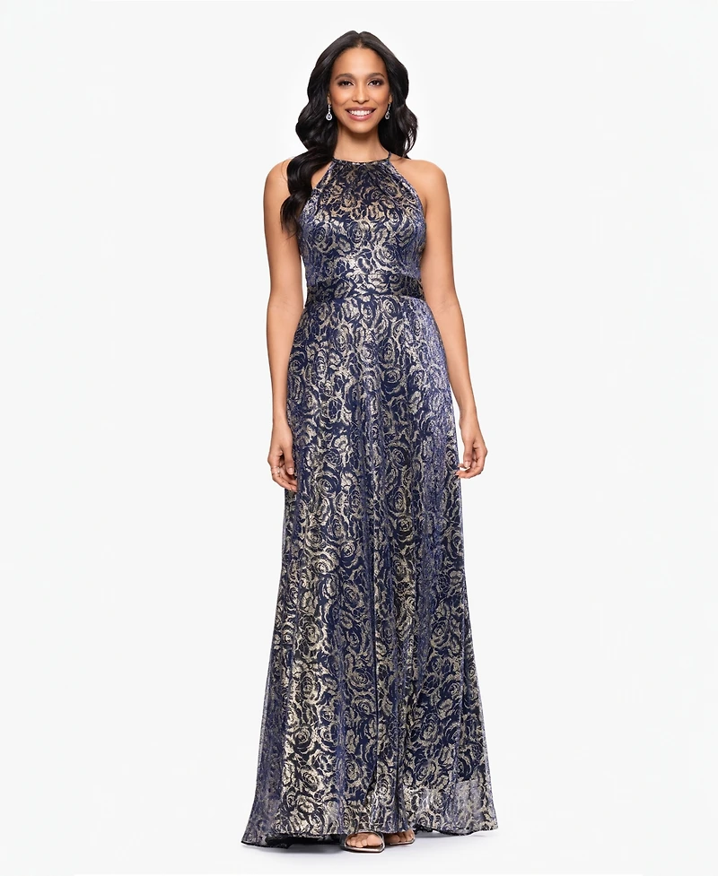 Betsy & Adam Women's Sleeveless Metallic Halter Dress